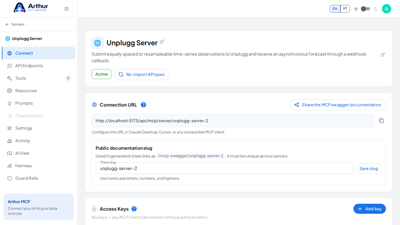Open the server's Connect section, where the MCP endpoint and its documentation live