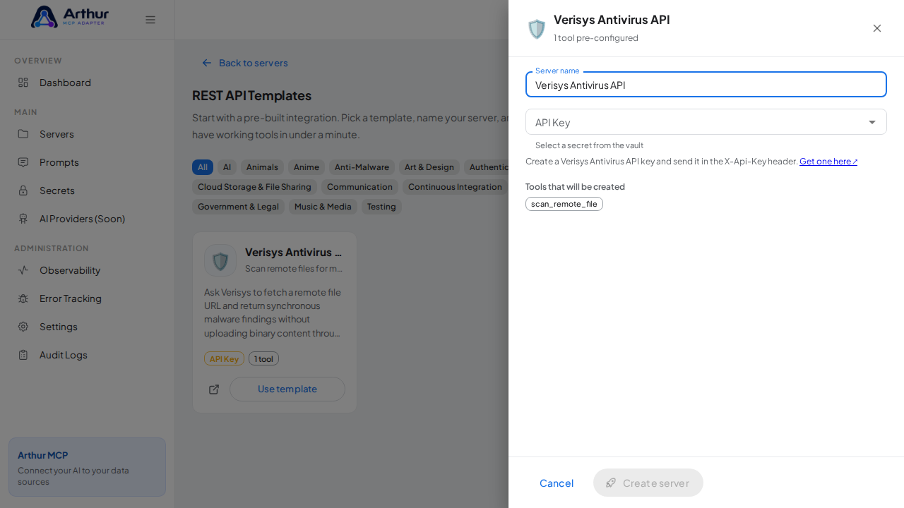 Open the Verisys Antivirus API template with its preconfigured tools