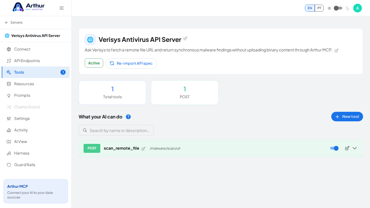 Review the tools generated from the Verisys Antivirus API template