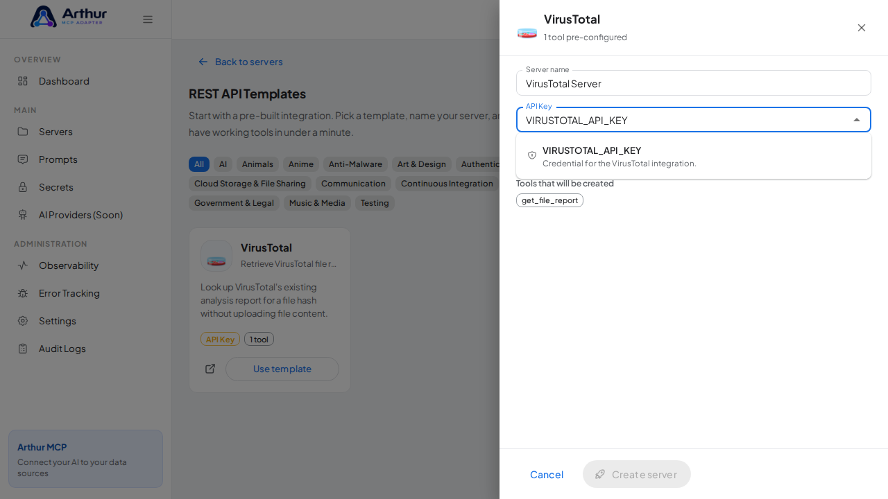 Pick the VIRUSTOTALAPIKEY secret from the vault suggestions