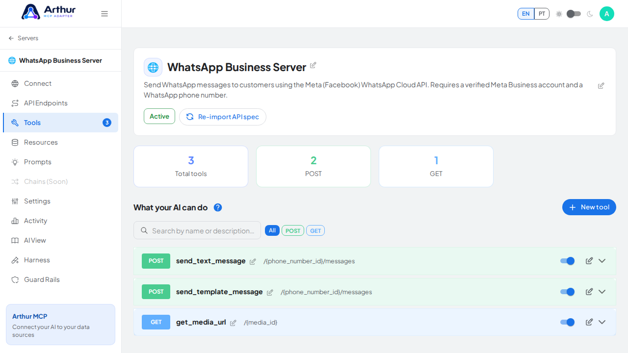 Review the tools generated from the WhatsApp Business template