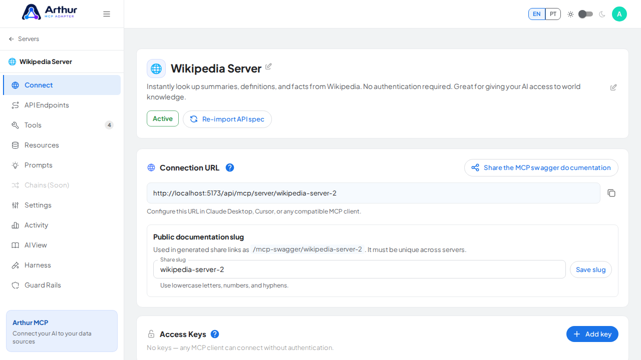 Open the server's Connect section, where the MCP endpoint and its documentation live