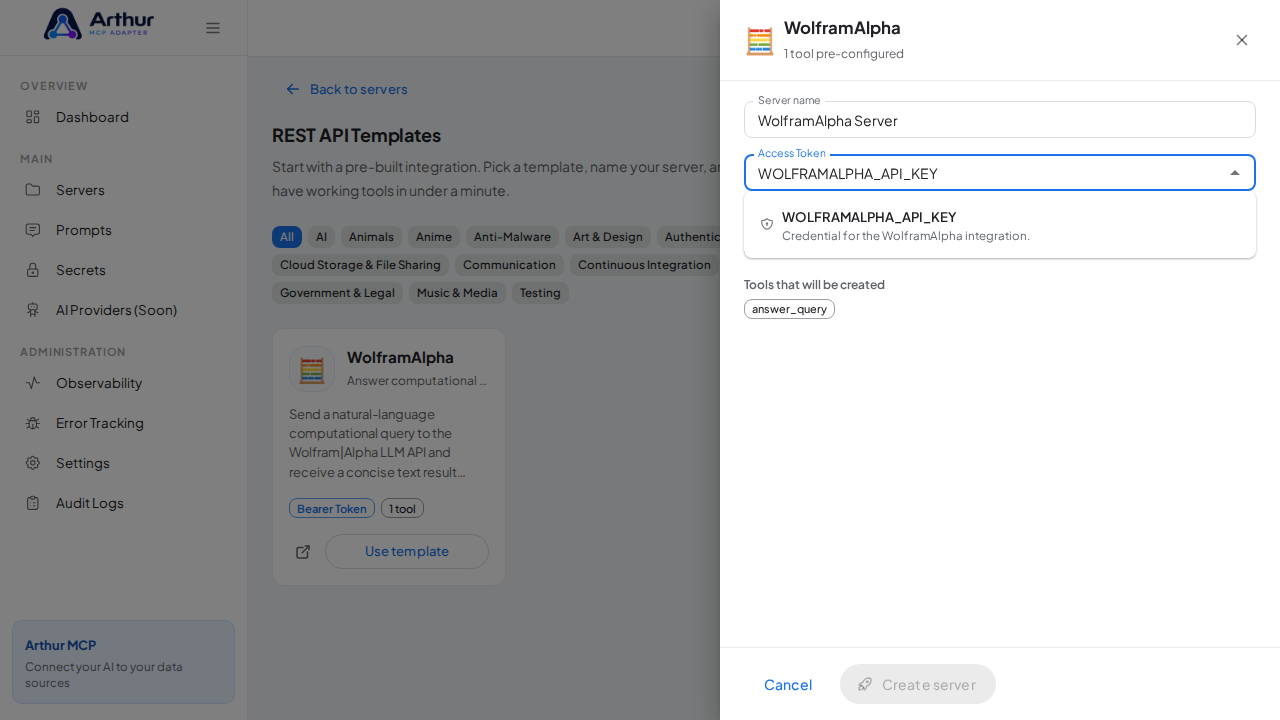 Pick the WOLFRAMALPHAAPIKEY secret from the vault suggestions