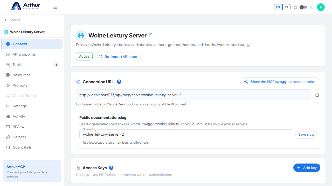 Open the server's Connect section, where the MCP endpoint and its documentation live