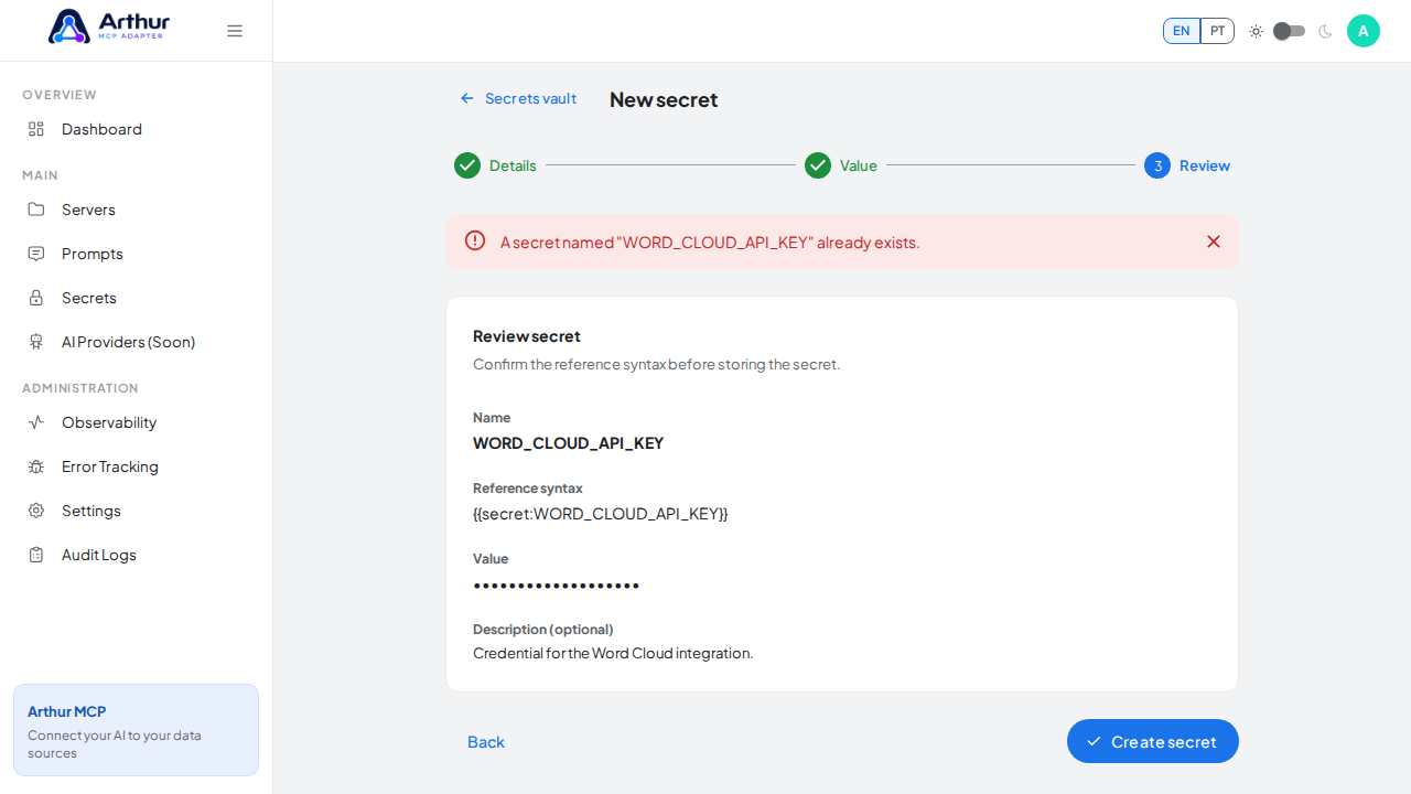 Store the WORDCLOUDAPIKEY secret in the vault