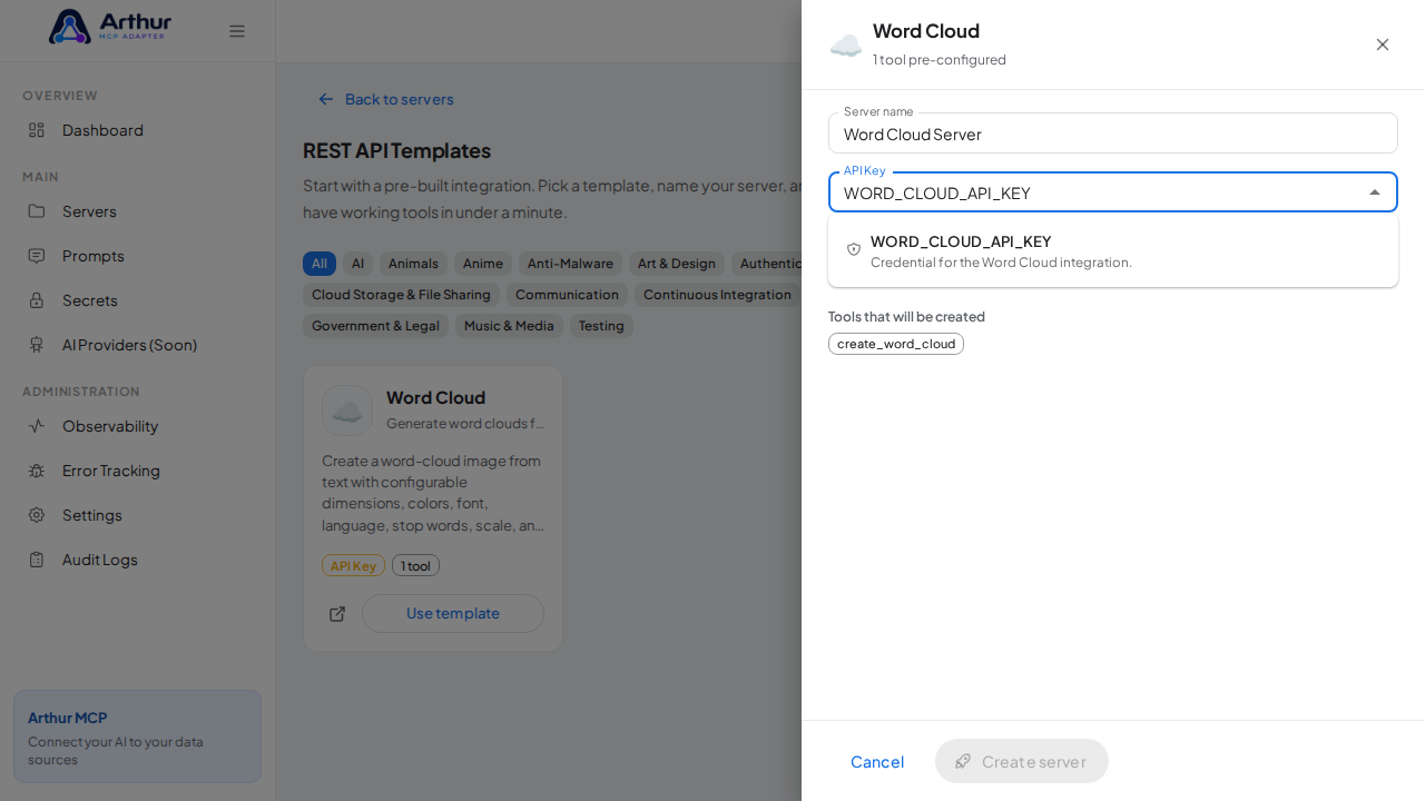 Pick the WORDCLOUDAPIKEY secret from the vault suggestions