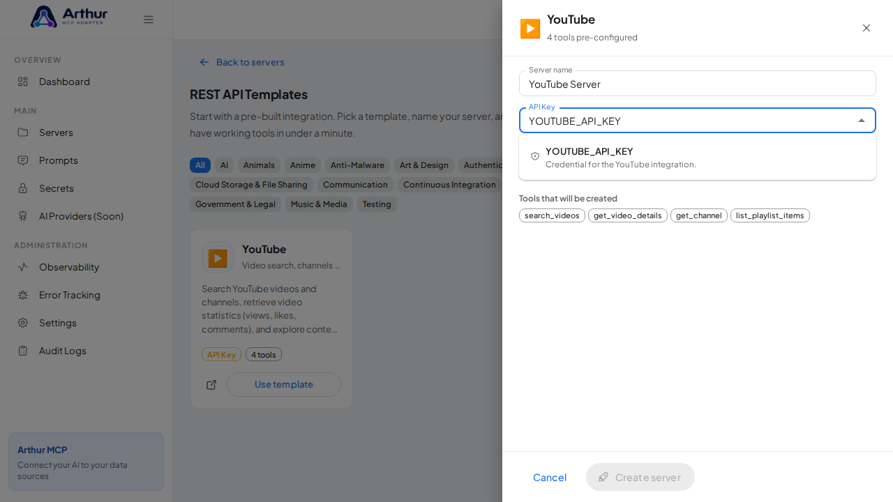 Pick the YOUTUBEAPIKEY secret from the vault suggestions