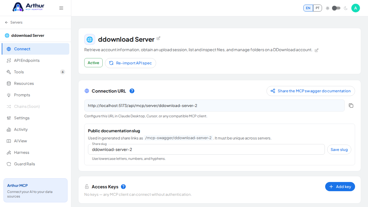Open the server's Connect section, where the MCP endpoint and its documentation live