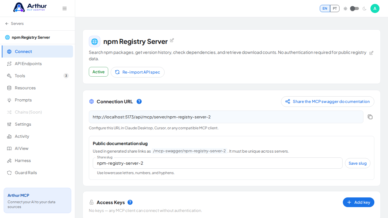 Open the server's Connect section, where the MCP endpoint and its documentation live