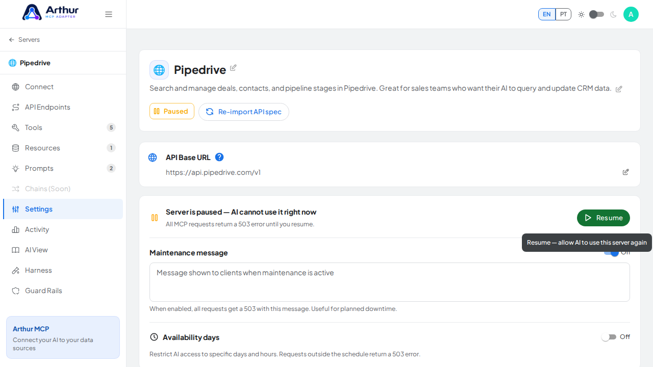 Pause the server to block MCP traffic during maintenance or incidents