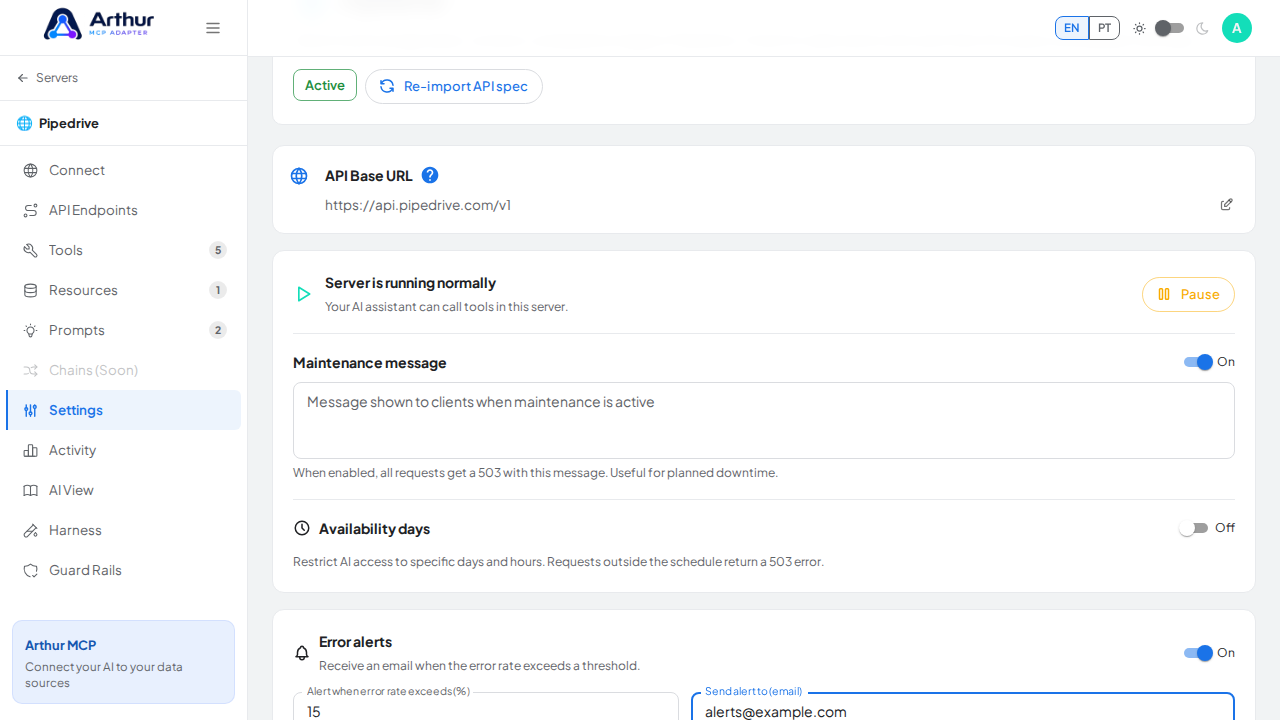 Frame the configured Error alerts panel with enabled state and completed form