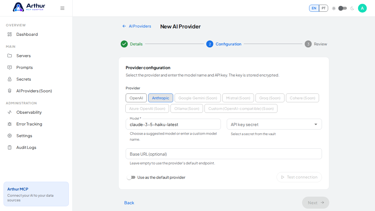 Select Anthropic, an enabled provider for the AI prerequisite