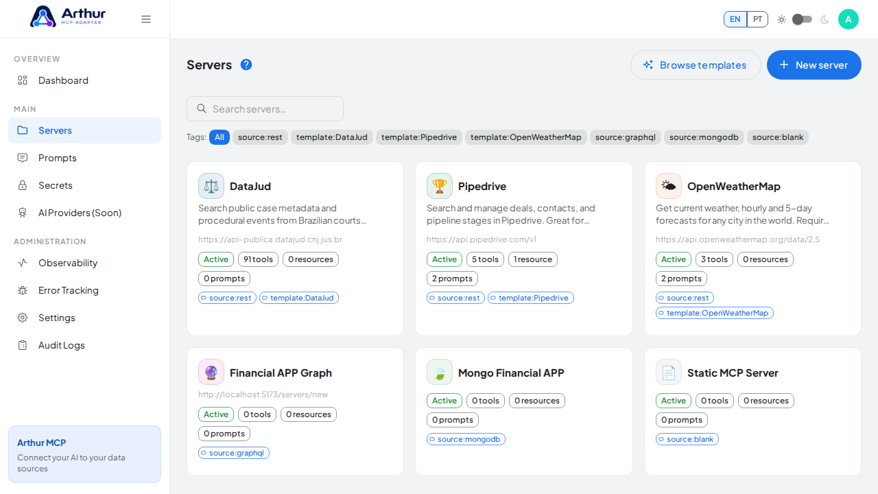 Open the Arthur screen that visually supports “MCP Server Management”