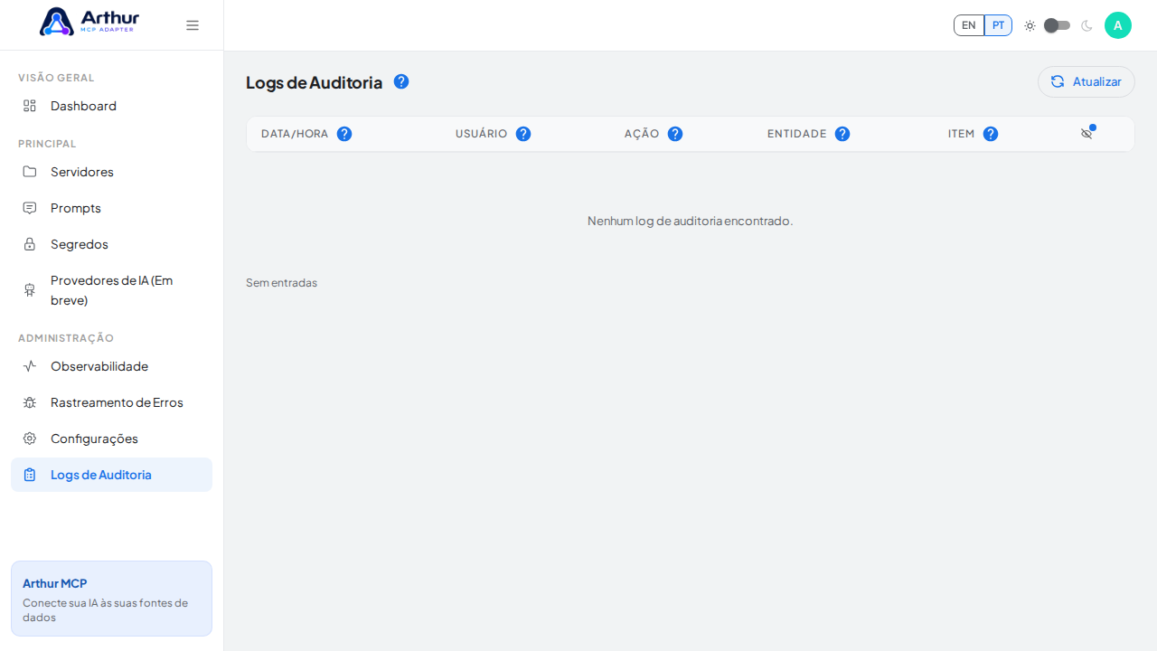 Abra a tela do Arthur que oferece suporte visual a “Logs de Auditoria”