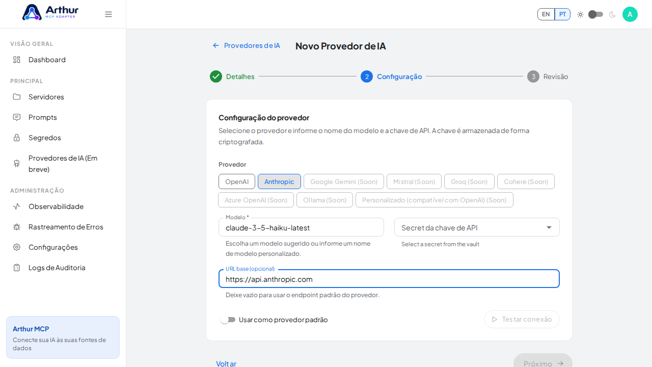 Demonstre o endpoint enquanto o mesmo painel mostra o secret criptografado obrigatório antes da revisão