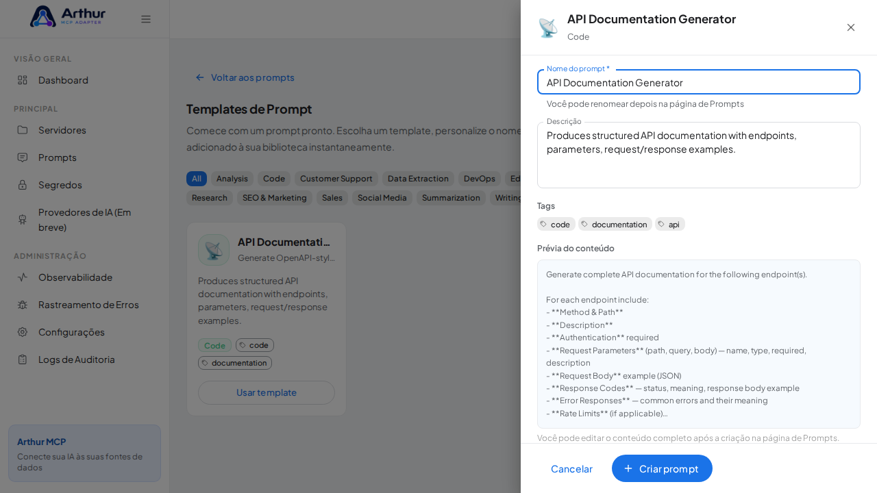 Abra o template API Documentation Generator com nome e prévia de conteúdo preenchidos