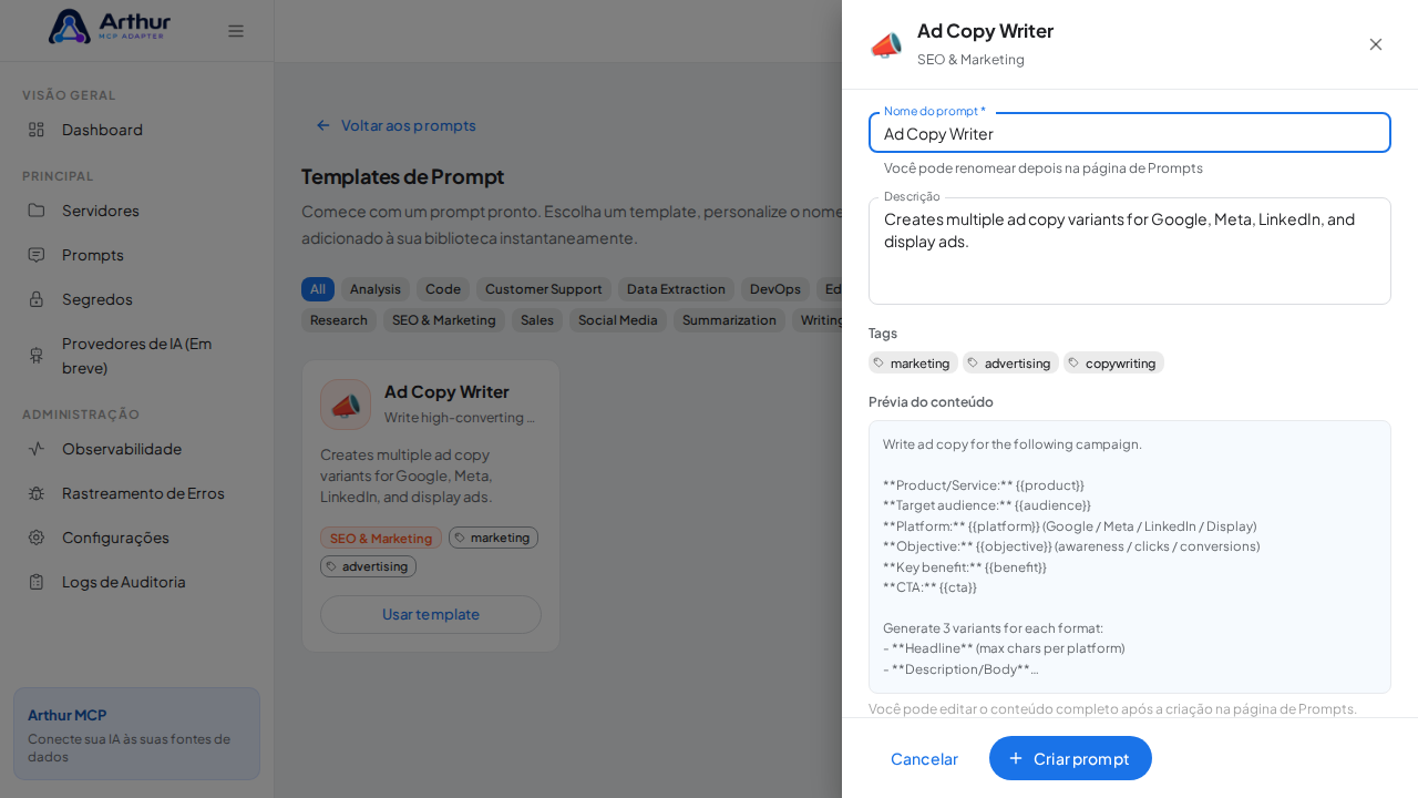 Abra o template Ad Copy Writer com nome e prévia de conteúdo preenchidos