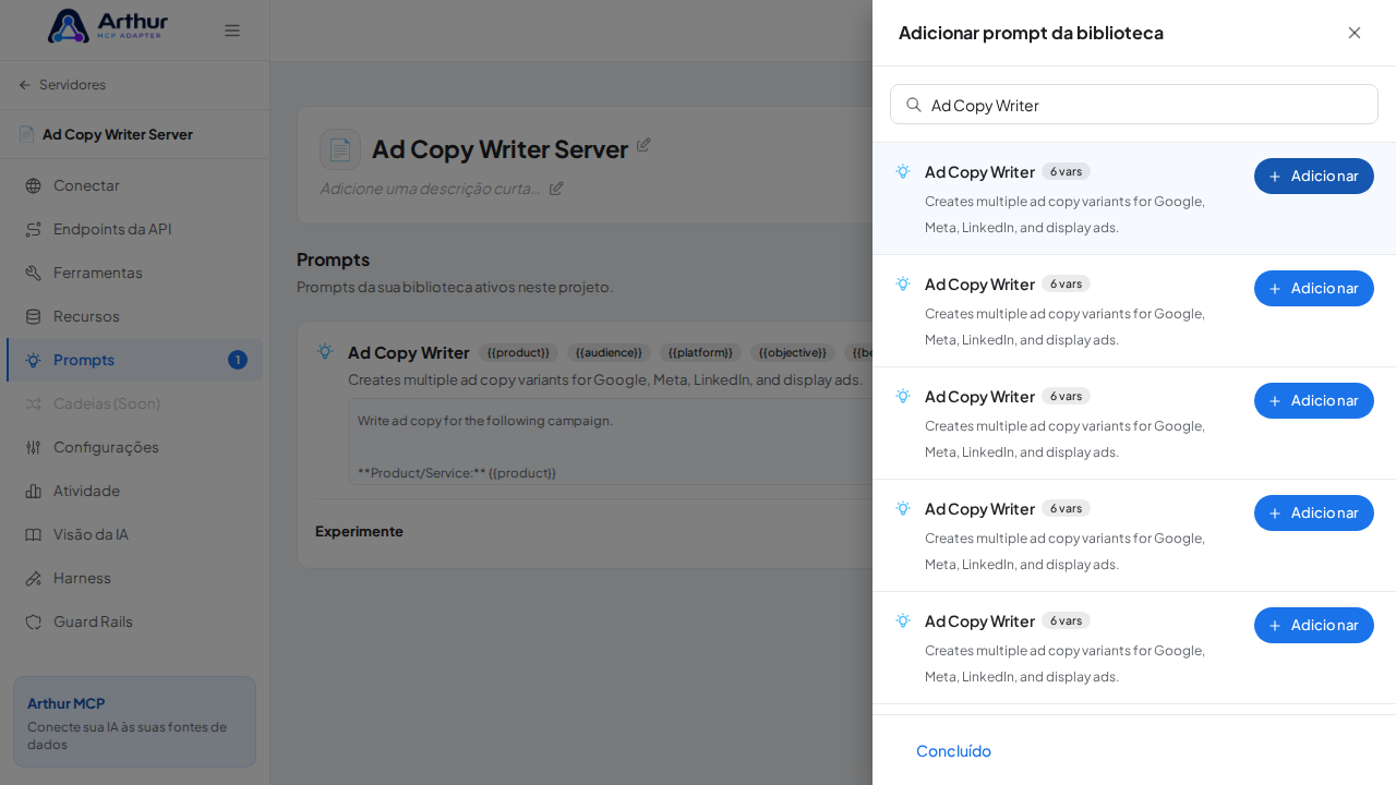 Vincule o prompt Ad Copy Writer ao servidor