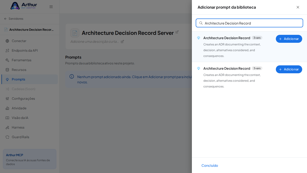 Pesquise o prompt Architecture Decision Record na biblioteca