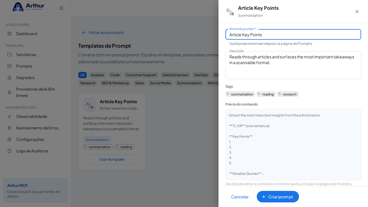 Abra o template Article Key Points com nome e prévia de conteúdo preenchidos