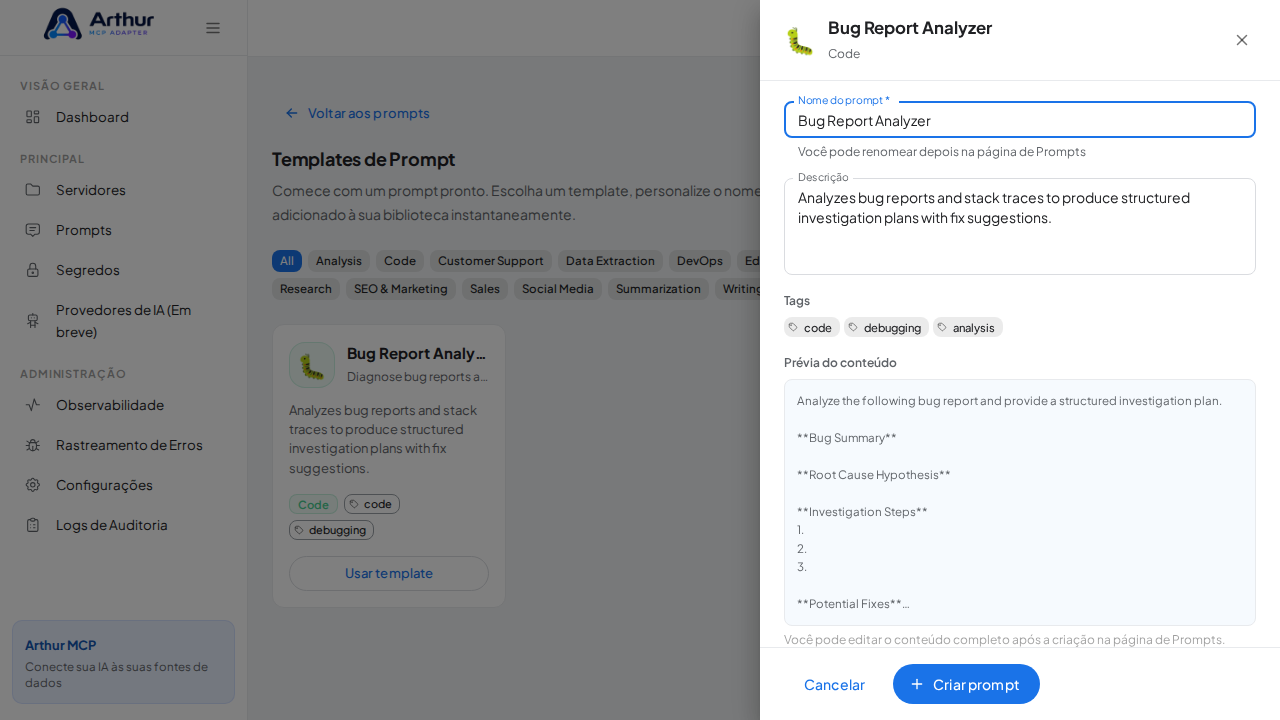 Abra o template Bug Report Analyzer com nome e prévia de conteúdo preenchidos