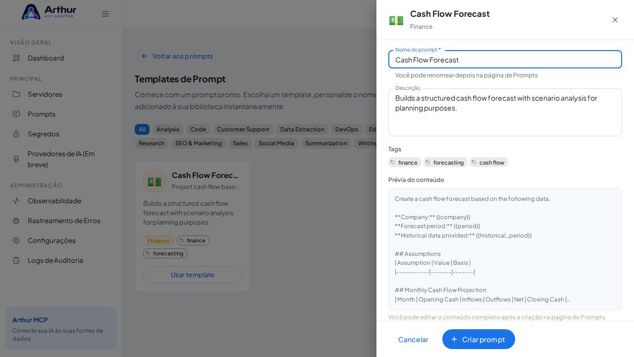 Abra o template Cash Flow Forecast com nome e prévia de conteúdo preenchidos