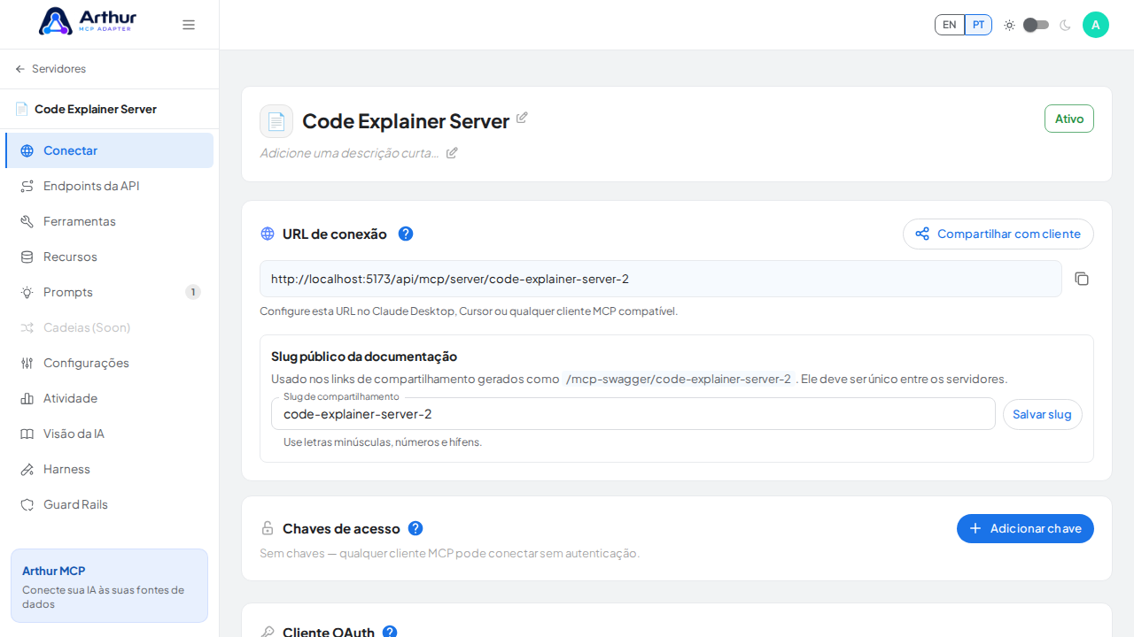 Abra a seção Conectar do servidor, onde ficam o endpoint MCP e sua documentação
