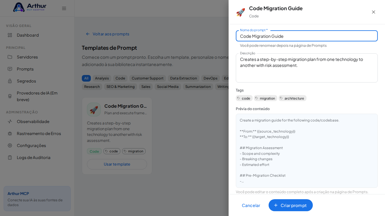 Abra o template Code Migration Guide com nome e prévia de conteúdo preenchidos