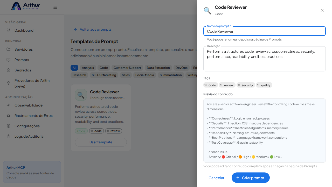 Abra o template Code Reviewer com nome e prévia de conteúdo preenchidos