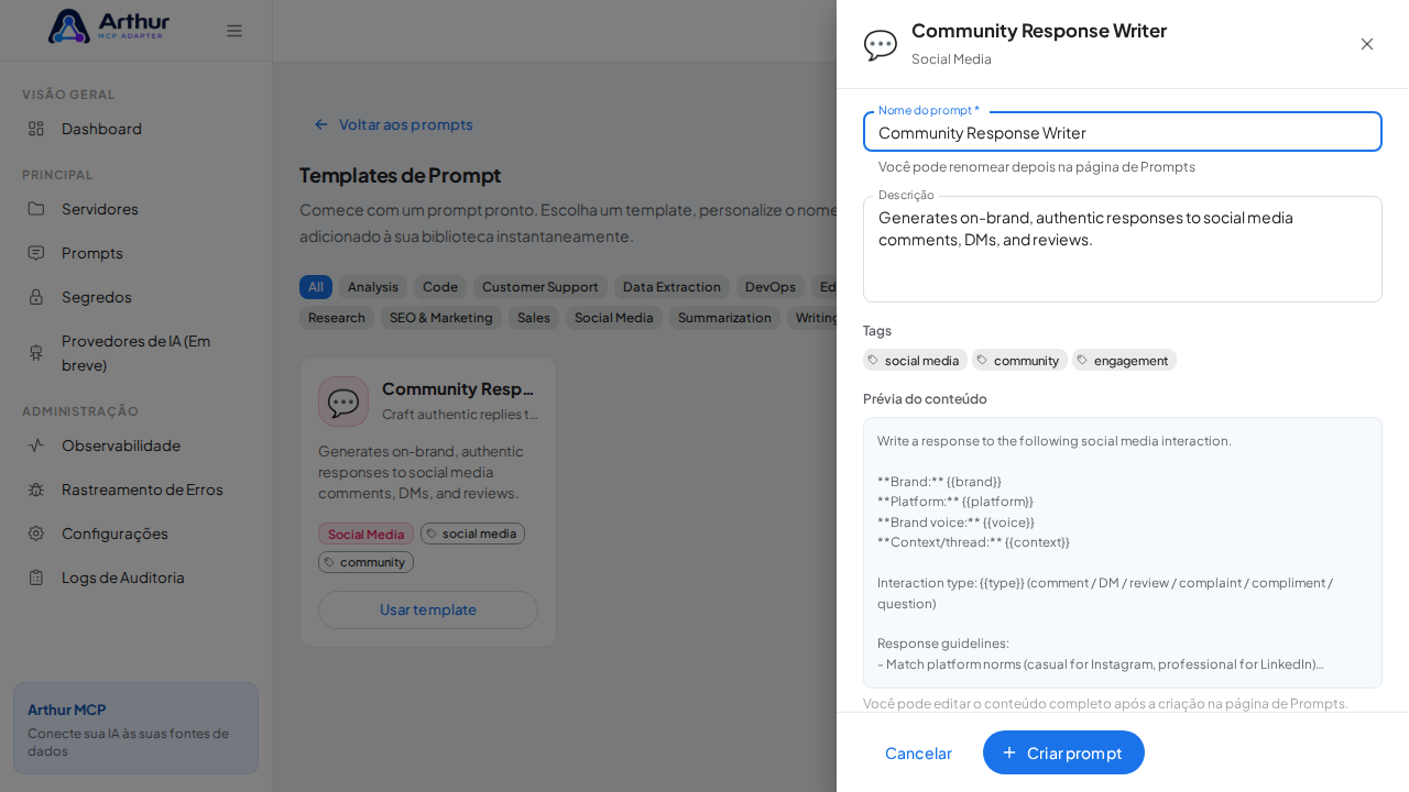 Abra o template Community Response Writer com nome e prévia de conteúdo preenchidos