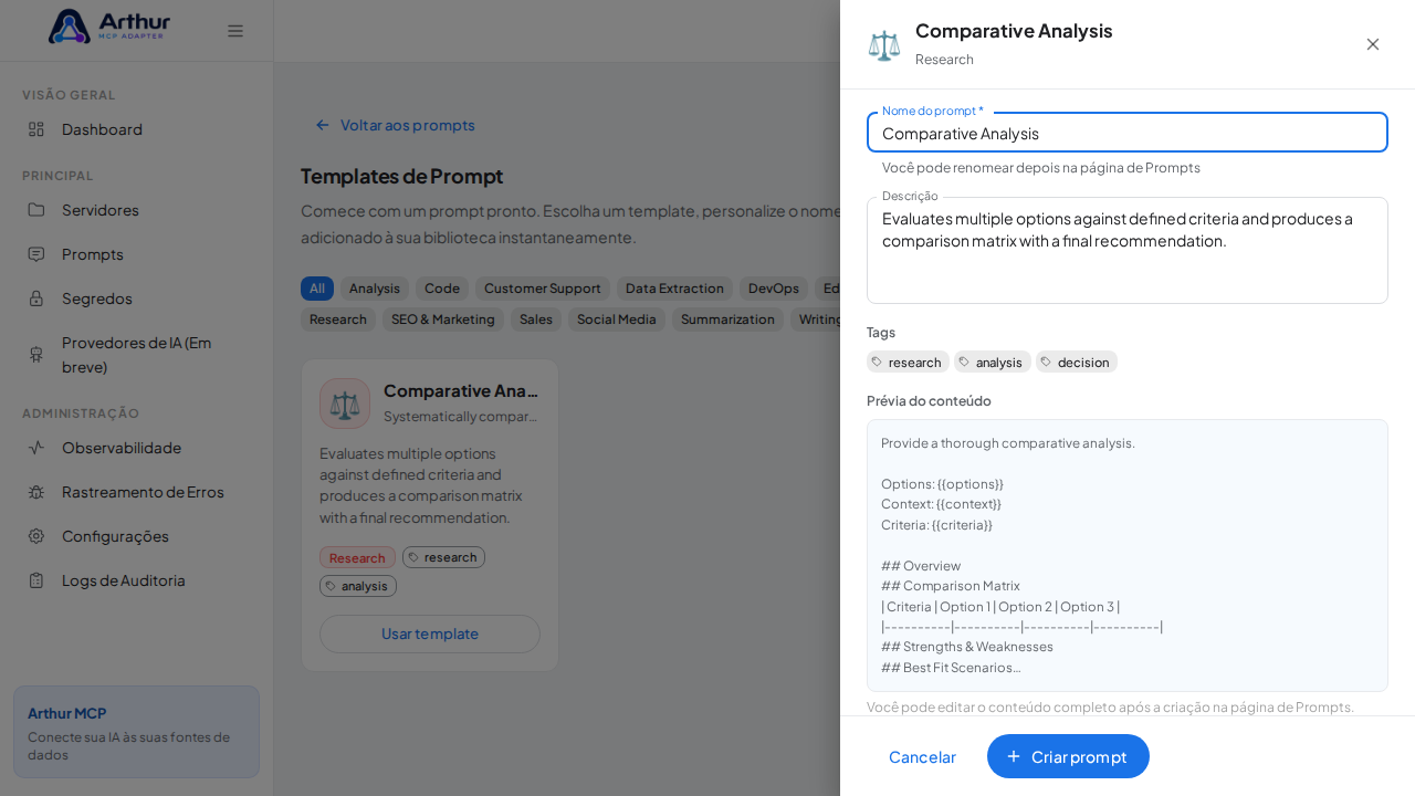Abra o template Comparative Analysis com nome e prévia de conteúdo preenchidos