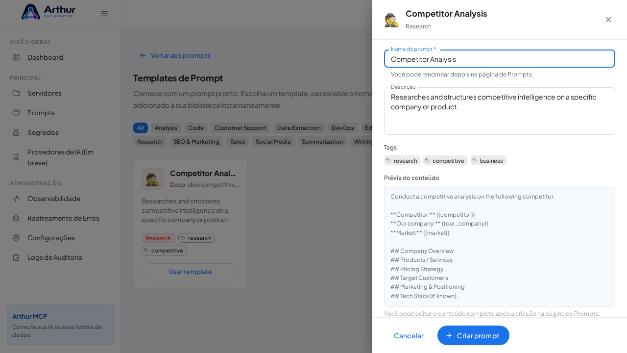 Abra o template Competitor Analysis com nome e prévia de conteúdo preenchidos