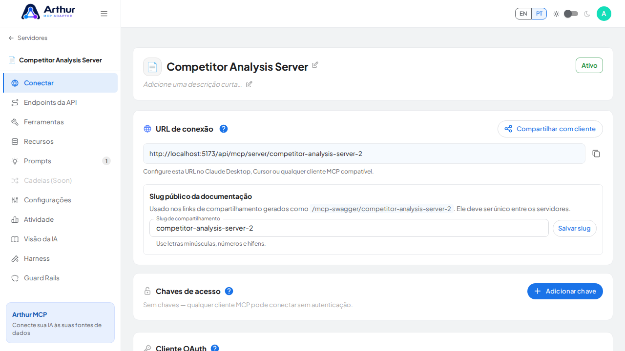 Abra a seção Conectar do servidor, onde ficam o endpoint MCP e sua documentação