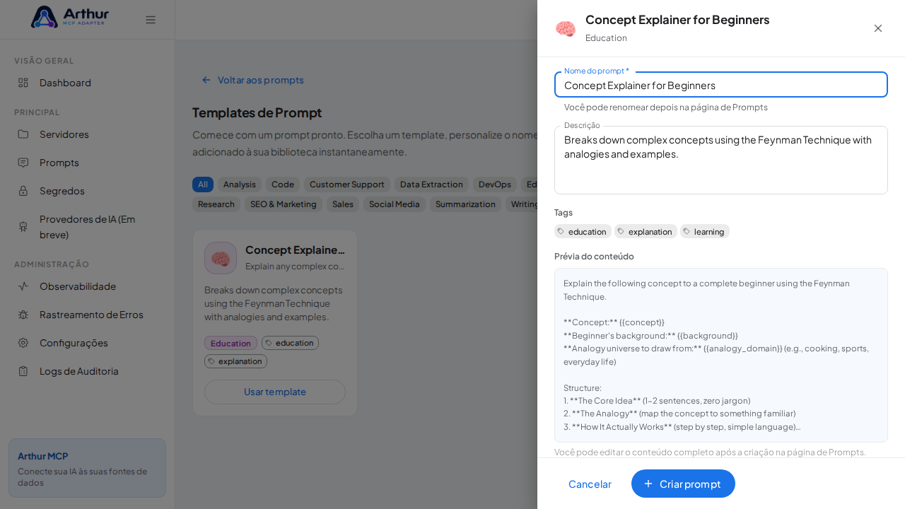 Abra o template Concept Explainer for Beginners com nome e prévia de conteúdo preenchidos