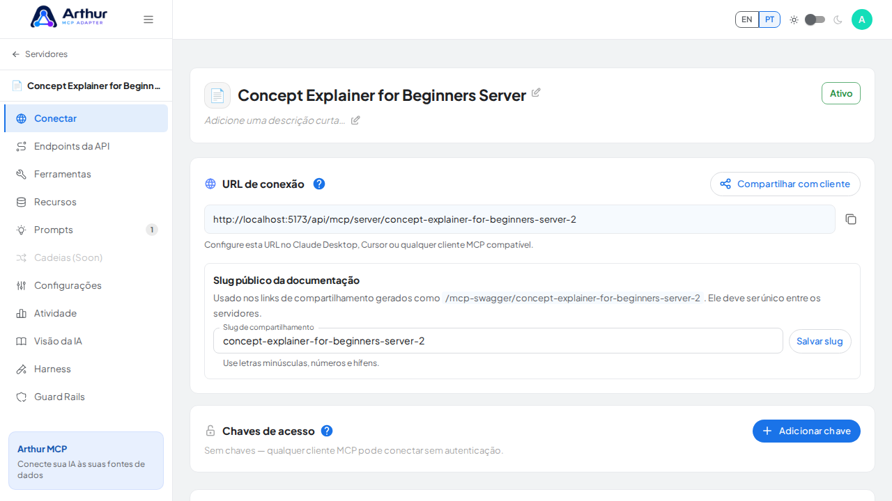 Abra a seção Conectar do servidor, onde ficam o endpoint MCP e sua documentação