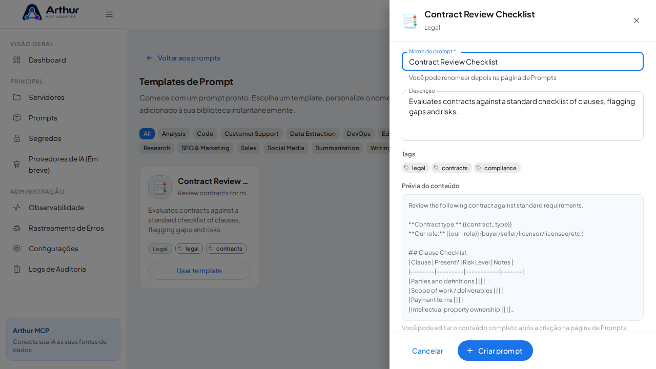Abra o template Contract Review Checklist com nome e prévia de conteúdo preenchidos