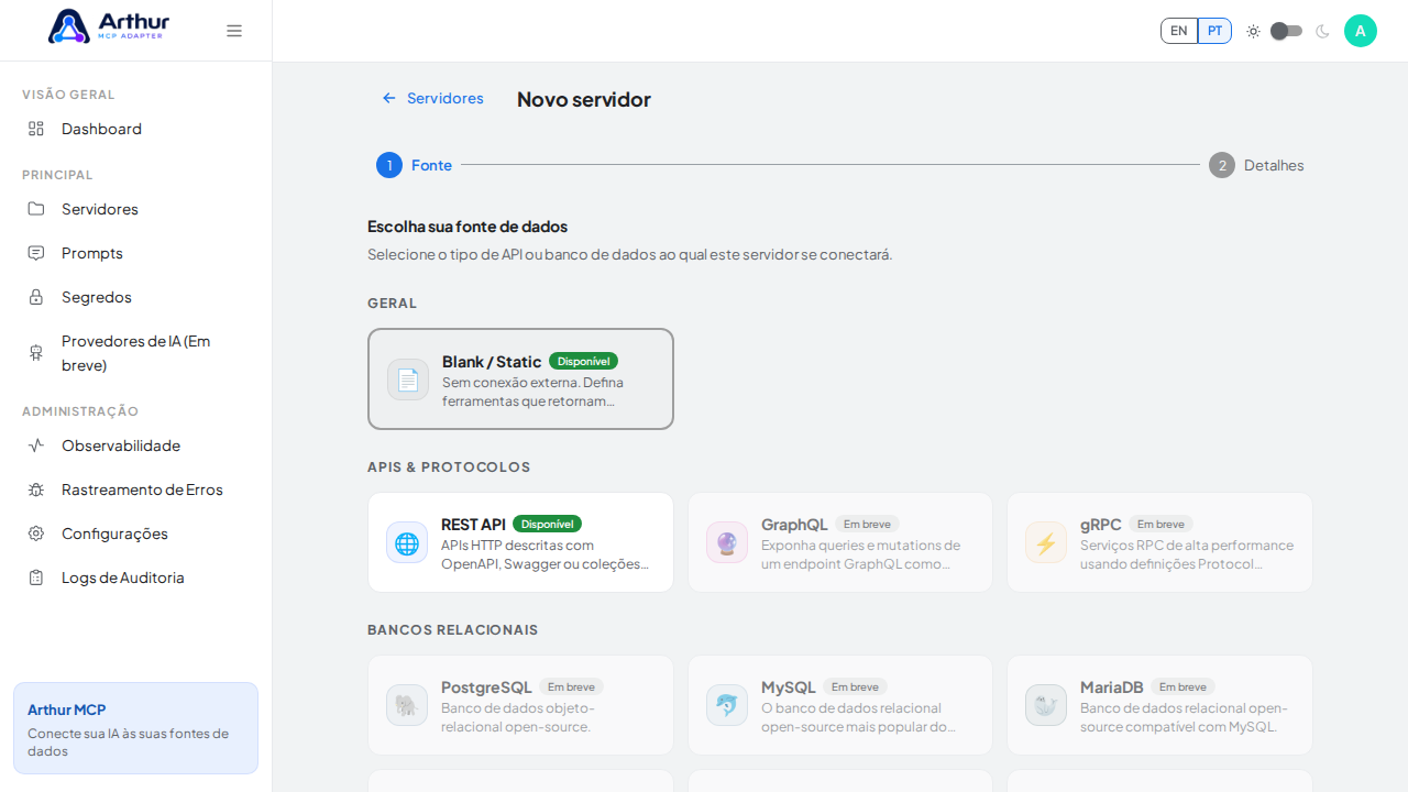 Escolha a origem Blank / Static — um servidor só de prompts não precisa de conexão externa