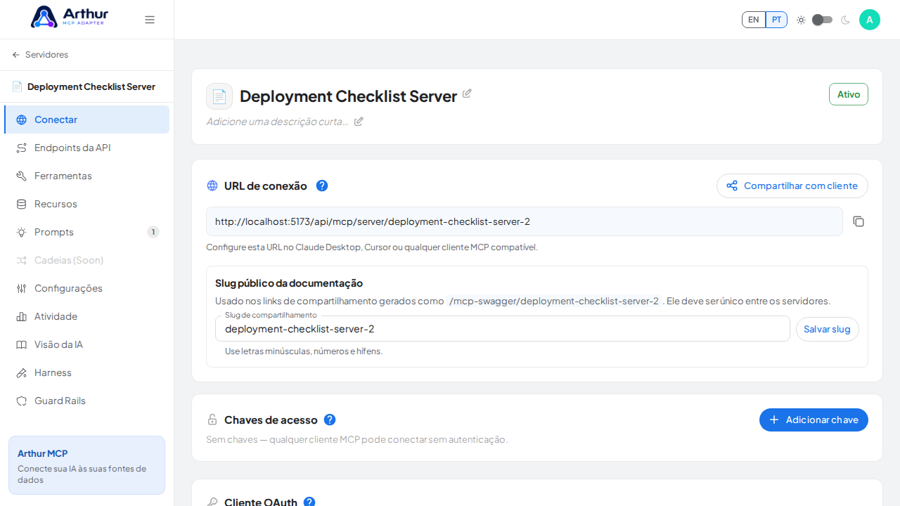 Abra a seção Conectar do servidor, onde ficam o endpoint MCP e sua documentação