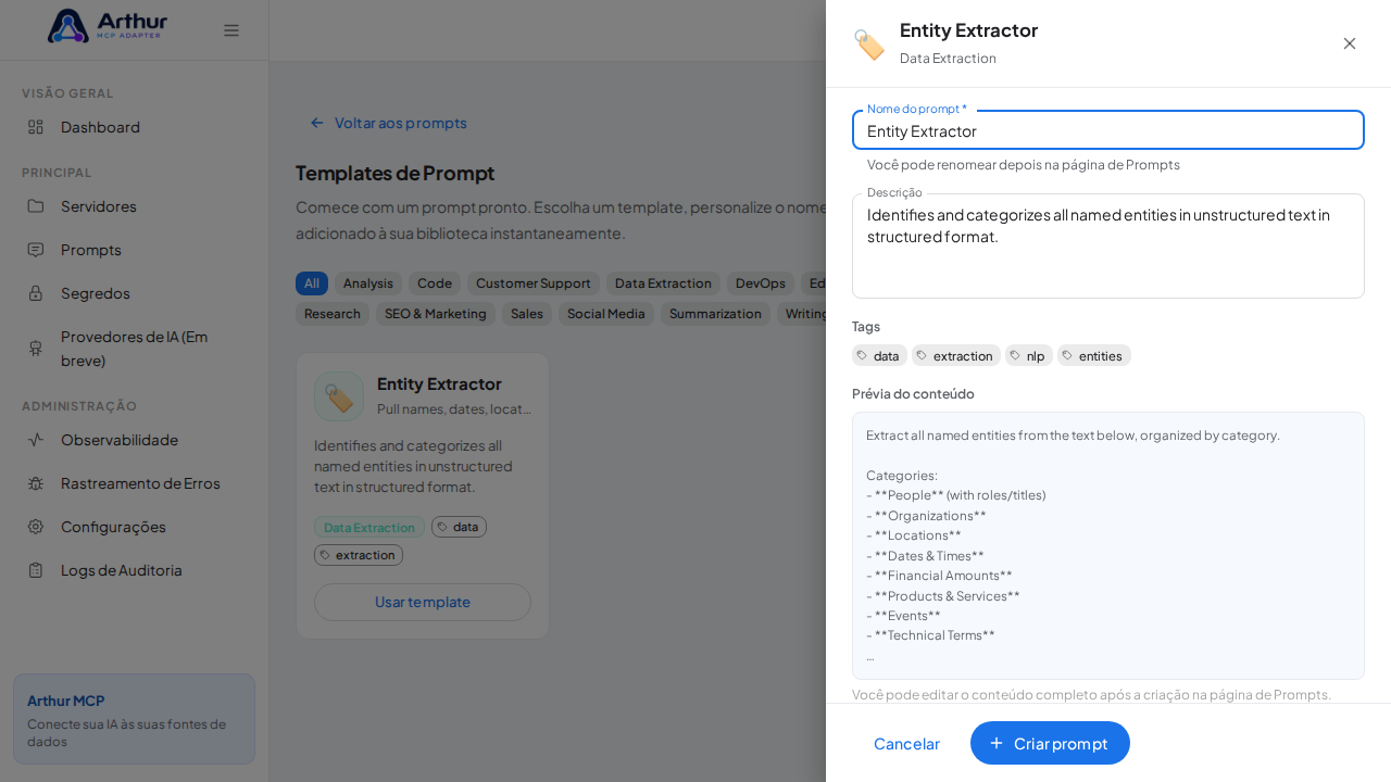 Abra o template Entity Extractor com nome e prévia de conteúdo preenchidos
