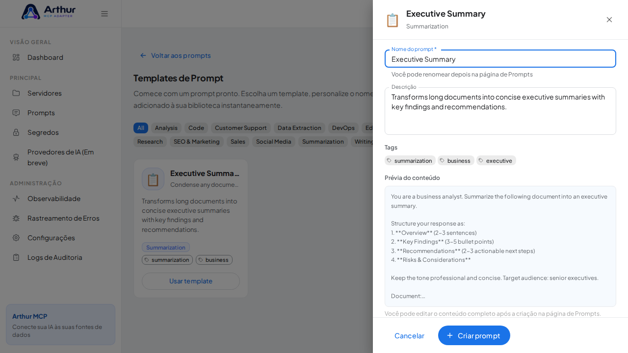 Abra o template Executive Summary com nome e prévia de conteúdo preenchidos