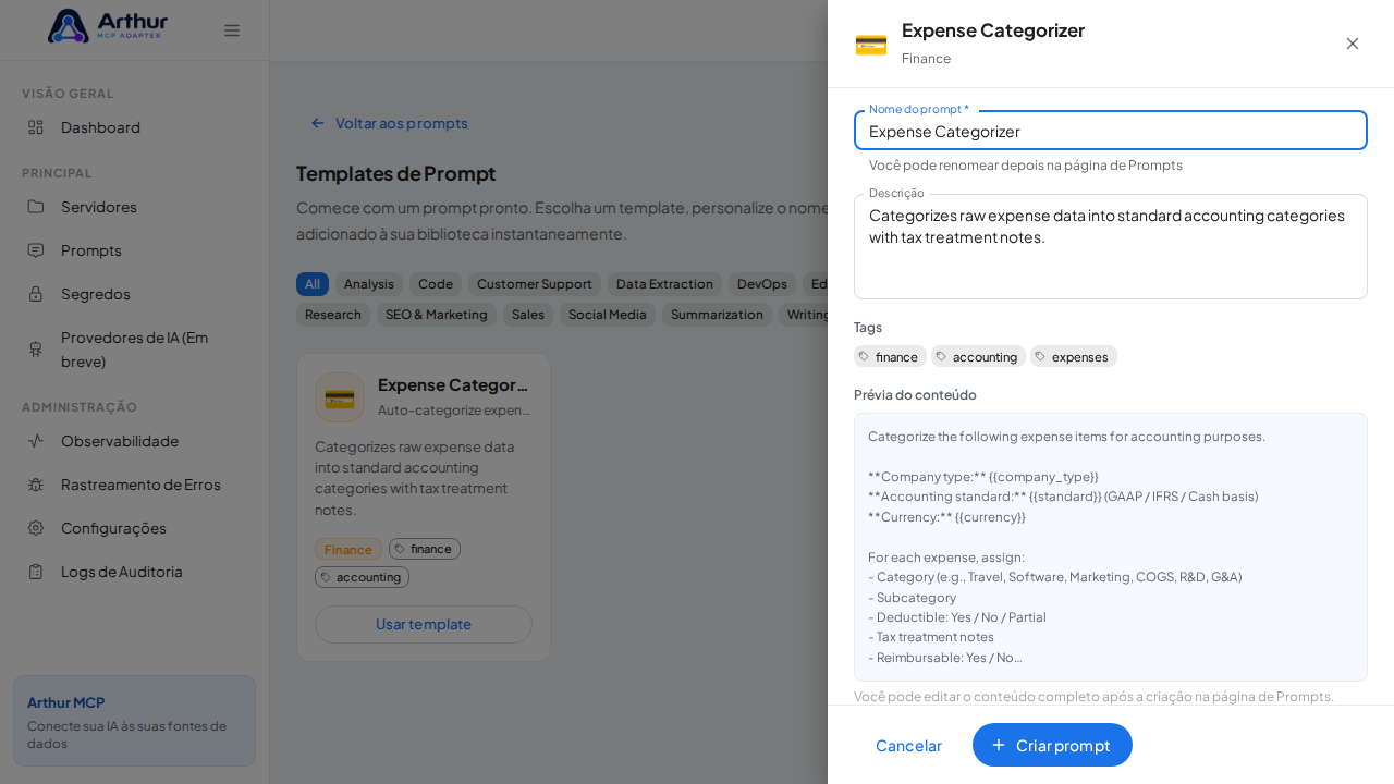 Abra o template Expense Categorizer com nome e prévia de conteúdo preenchidos