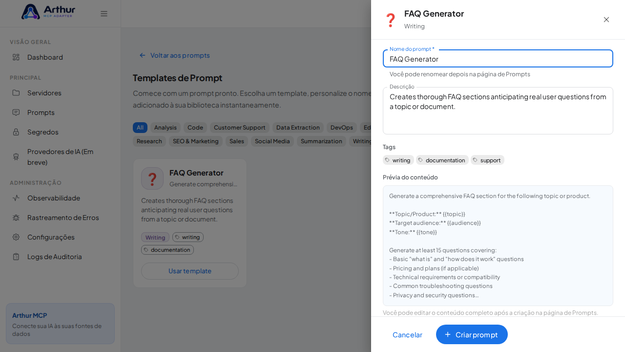 Abra o template FAQ Generator com nome e prévia de conteúdo preenchidos