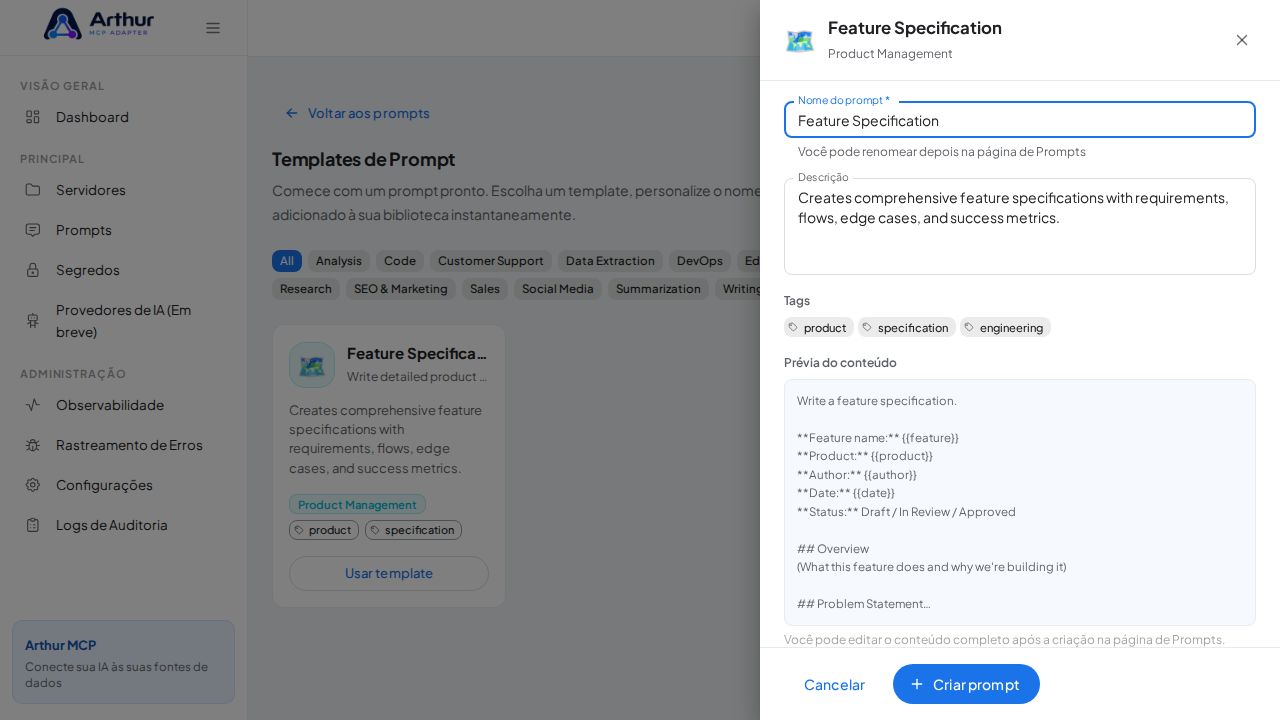 Abra o template Feature Specification com nome e prévia de conteúdo preenchidos