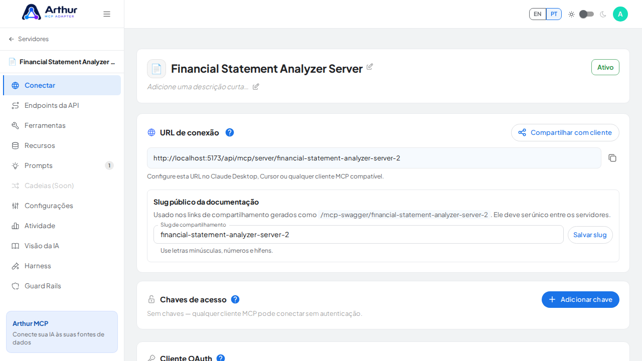 Abra a seção Conectar do servidor, onde ficam o endpoint MCP e sua documentação
