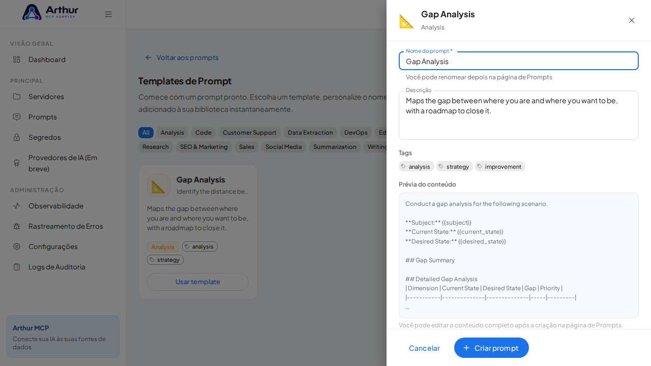 Abra o template Gap Analysis com nome e prévia de conteúdo preenchidos