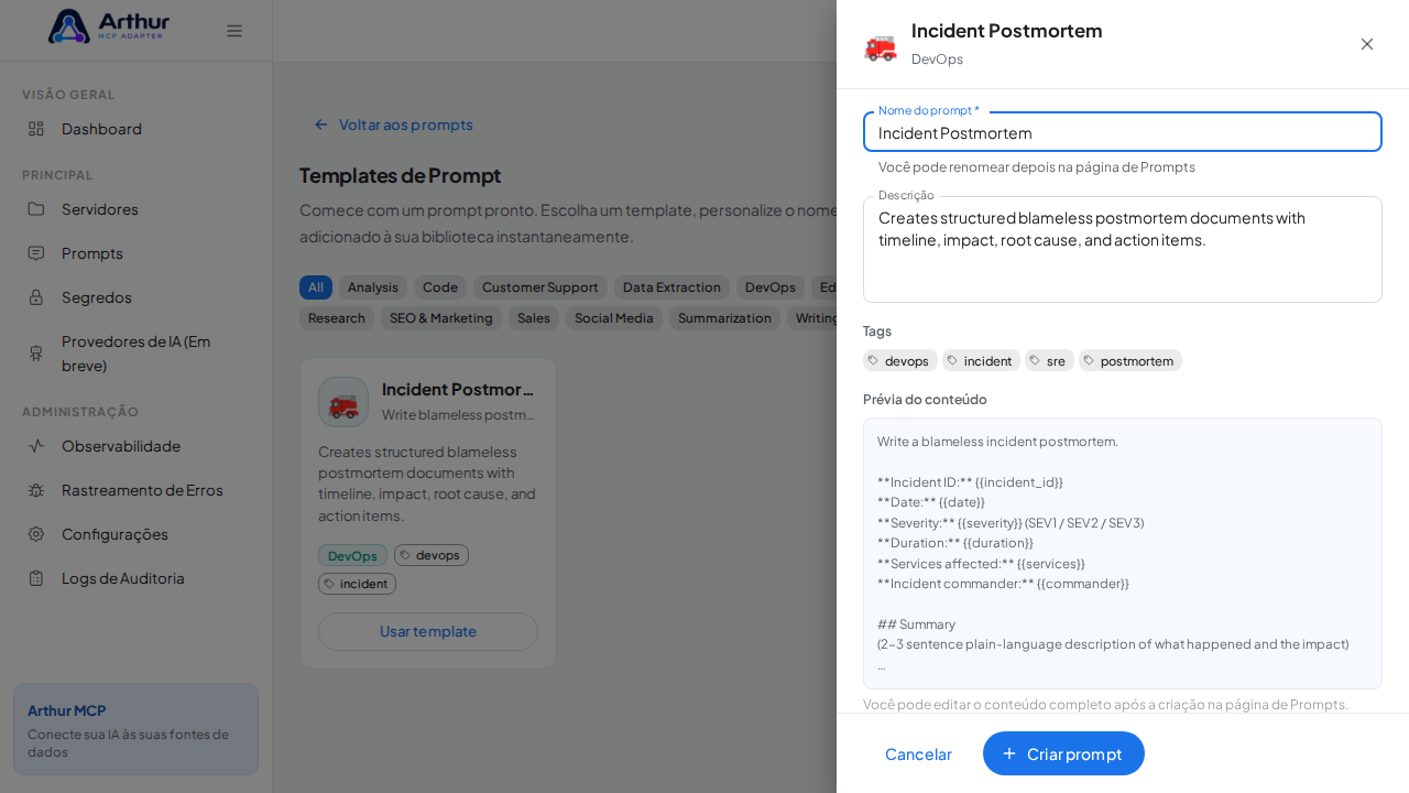Abra o template Incident Postmortem com nome e prévia de conteúdo preenchidos