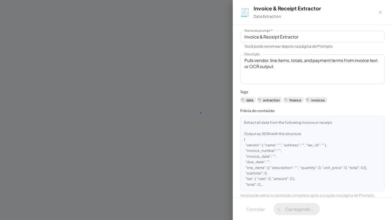 Crie o prompt Invoice & Receipt Extractor na biblioteca compartilhada
