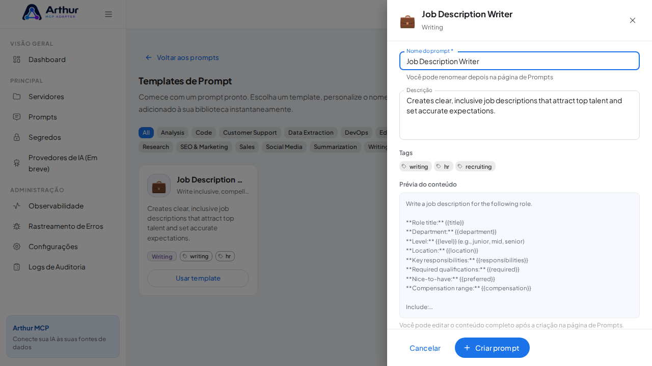 Abra o template Job Description Writer com nome e prévia de conteúdo preenchidos