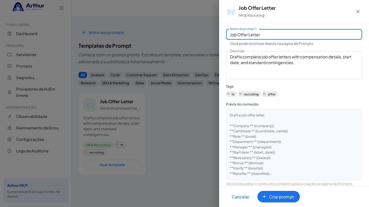 Abra o template Job Offer Letter com nome e prévia de conteúdo preenchidos