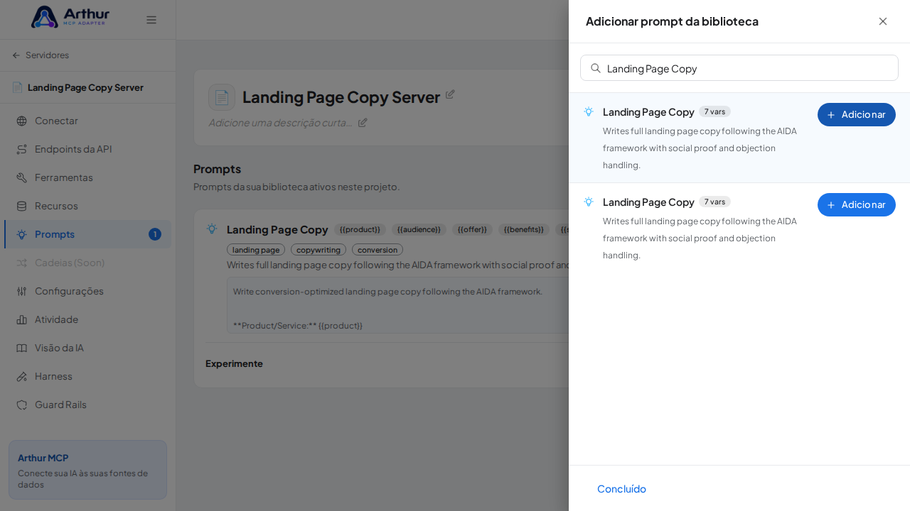 Vincule o prompt Landing Page Copy ao servidor